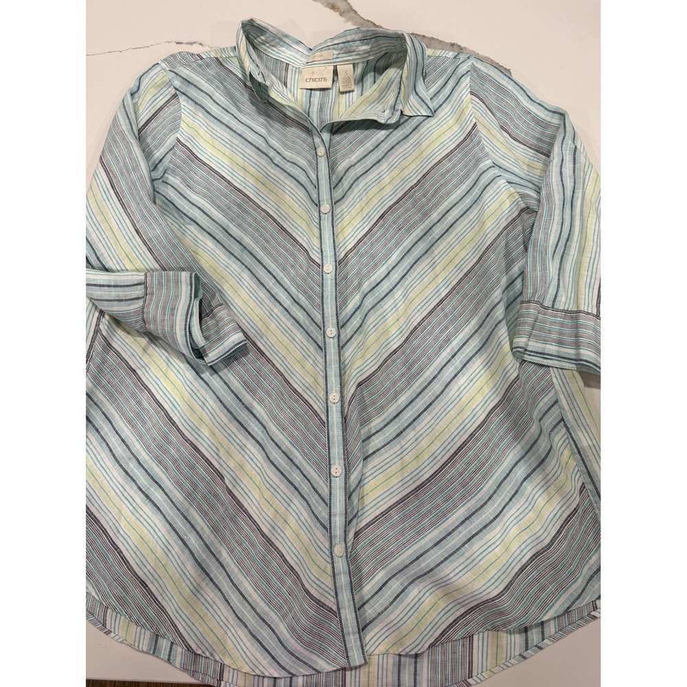 Chicos No-Iron 100% Linen Striped‎ Button Down Shirt Blue Green Womens Size 3 XL